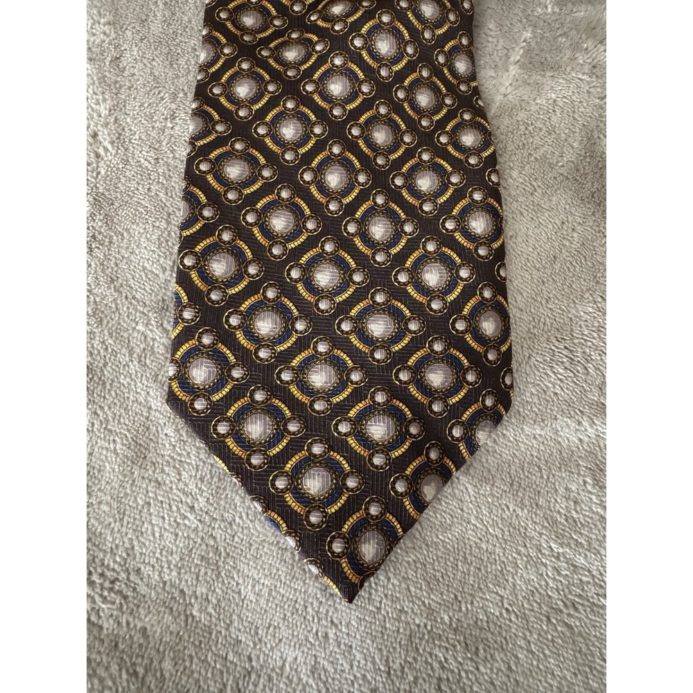 Valentino Silk Tie Made in Italy Brown‎ Gold Geometric Medallion Pattern Luxury
